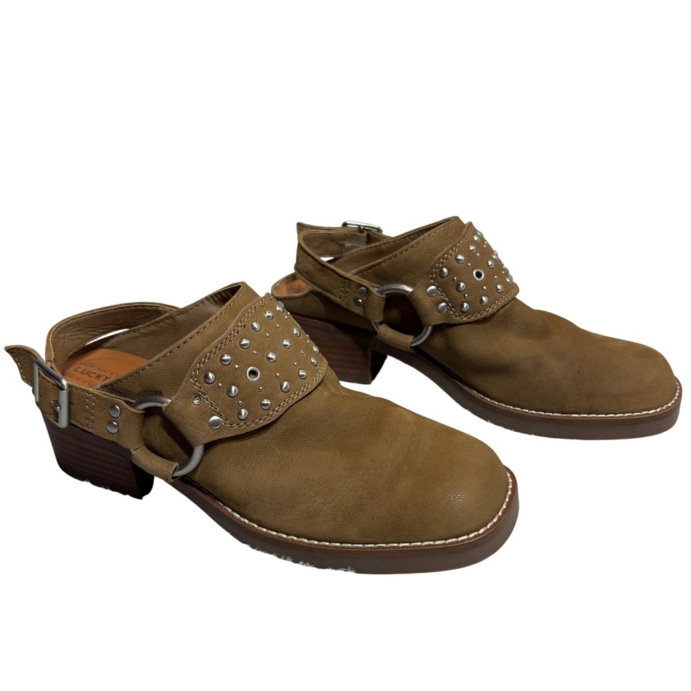 Lucky Brand Leather Biker Clogs Women 7M Tan Studded Slingback Square Toe